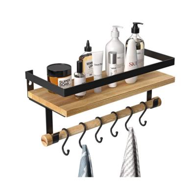 China Floating Storage Shelf with Removable Towel Rack and 6 Hooks Rustic Wooden Wall Mounted Floating Shelves for sale