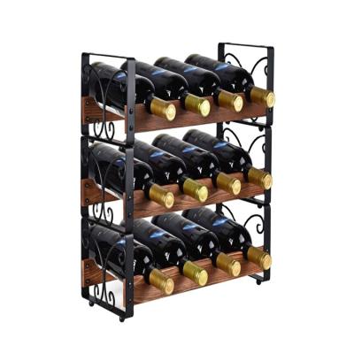 China Free Standing 3 Tier Rustic Stackable Wine Rack 12 Bottles Freestanding Wine Rack Liquor Storage Countertop Organizer Rack Cabinet for sale