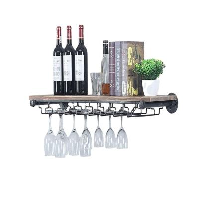 China Rustic Wall Mounted Glass Wine Rack Wine Racks Stemware Industrial Pipe Shelving Hanging Rack for sale