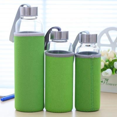 China Sustainable BPA Free Sports Bottles Glass Drinking Bottle With Fabric Sleeve And Stainless Steel Leakproof Lid for sale