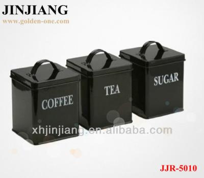 China Sustainable 3PCS Black / Red Spray Power Square Iron Tin Canister Set Tea Coffee Sugar Jars for sale