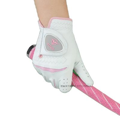 China New Pink Women Breathable Cabretta Leather Trim Anti-Slip Golf Gloves for sale