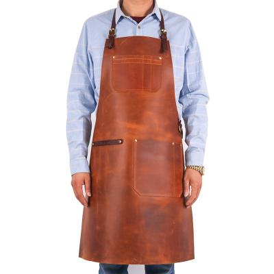 China Durable Custom Vintage Work Bar Durable Butcher GRILL Top Grain Dark Brown Work Weld Genuine Leather Apron for sale