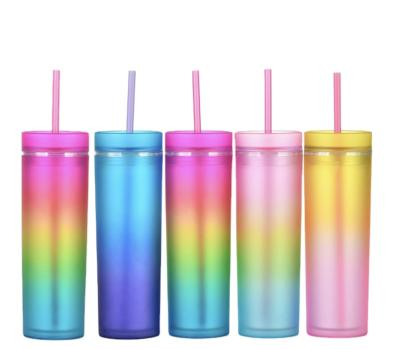 China Hot Sale Viable 16oz Gradient Color Double Layer Straight Plastic Water Cup With Straw for sale