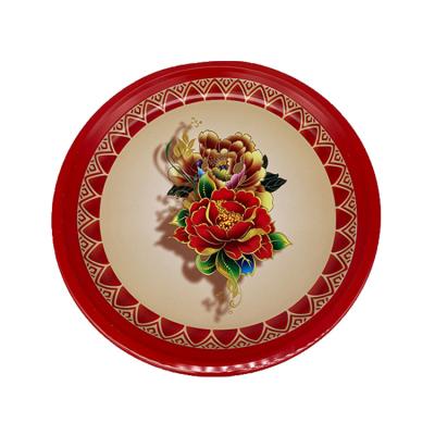 China Simple Restaurant Wedding Tray Snack Tray Restaurant Classical Style Tinplate Round Tray Metal Food Grade Round Cake Tray for sale