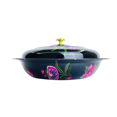 China Popular Viable Large Round Black Tray For Muslim Serving High Quality With Beautiful Flower Design Serving Dish Set Metal Low Price for sale