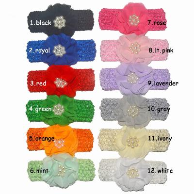 China 30pcs/lot fashion crochet elastic headband with 3 inch chiffon beaded flower suitable for newborn kids for sale