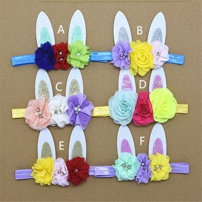 China New Easter Bunny Ears Headbands For Girls Fashion Hair Band Elastic Hair Accessories Kids Chiffon Shabby Flowers Hair Band for sale