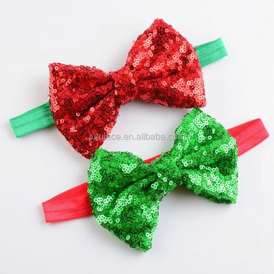 China Sustainable Christmas sequin bowknot headband fold over elastic/FOE, Christmas bow head wraps hair accesory for sale