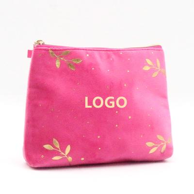 China 2022 popular rPET new product fashion fluff eco-friendly fabric cosmetic bag bright pink gold leaves printing women makeup bag for sale