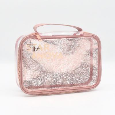 China Newest Fashion 2022 Fashion PVC Waterproof Cosmetic Pink Gauze Bag Popular Shiny Clear PVC Zipper Women Makeup Bag for sale