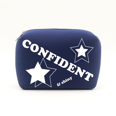 China Normcore/Sporty Minimalist Style Neoprene Toiletry Bag Sapphire Blue Square Shape Letter Pattern Waterproof Puffy Neoprene Cosmetic Bag for sale