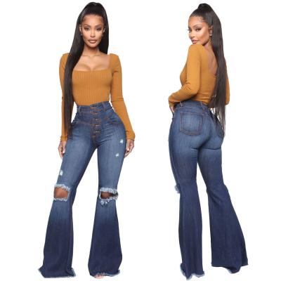 China Selling Good Quality Breathable Warm High Waist Stretch Lined Ripped Womens Flare Pants Jeans for sale