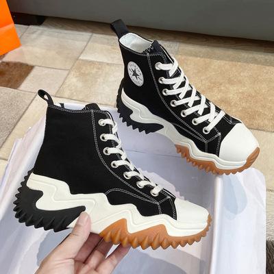 China Fashion Trend Autumn Hot Sale Leather Casual Stitching Lace Up Chunky Canvas Trendy Shoes For Women for sale