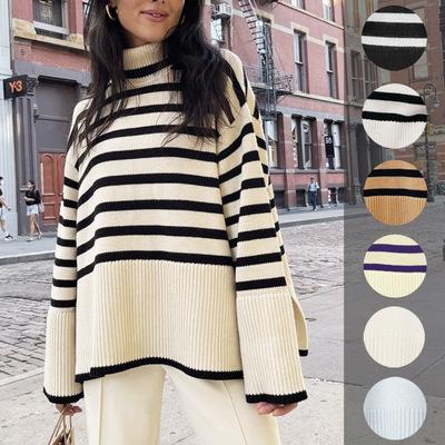 China amazon hot sale Anti-wrinkle clothes fashion classy casual turtle neck loose knit striped sweater women for sale