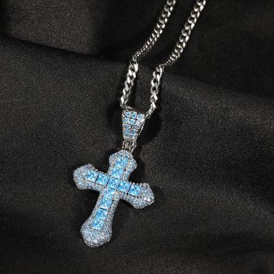 China Handsome Hiphop Diamond Pave Cross Pendant Necklace Blue Red Pink Zircon Nickel Free Square Jewelry For Women Man for sale