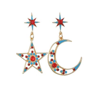 China Gold Nickel Free Asymmetric Color Asymmetric Color Drop Earrings Alloy Metal Jewelry Fashion Moon Star Korean Earrings for sale