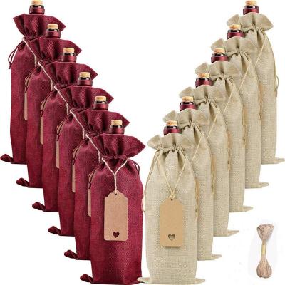 China Wholesale New Arrival CLASSIC Christmas 12PCS 750ML Burlap Wine Bottle Bag Portable Wine Bottle Cover with Tag and Rope for sale