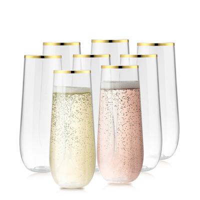 China CLASSIC New Arrival Wholesale Bar 9oz Gold Rim Crystal Clear Plastic Stemless Champagne Toasting Glasses Cocktail Wine Beer Cups for sale