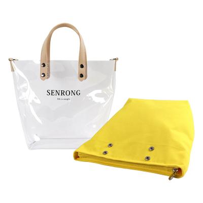 China Fashion Canvas Hot Selling Transparent PVC Waterproof Yellow Shoulder Double Layer Tote Bags Hanadbags for sale