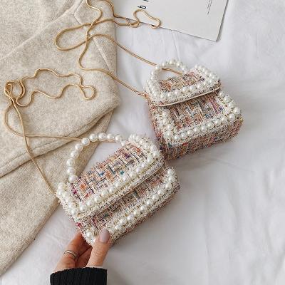 China Fashion chain pearl shoulder simple lady bags wild cross - perfume woolen small women's mini body bags plaid handbag for sale