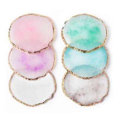 China Europe Wholesale Crystal Stone Geode Agate Slice Coaster Gold Trim Around White Rose Quartz Agate Coaster for sale