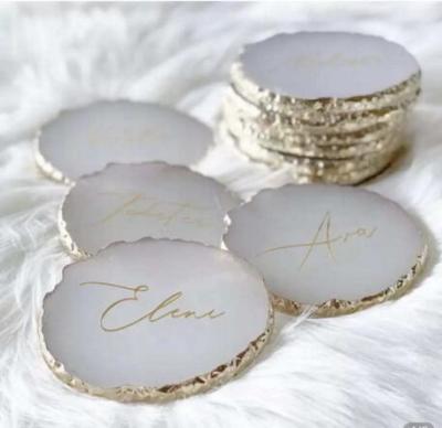 China Europe Customized Crystal Slice Gold Rim Resin Agate Coasters Lace Gem Stone Agate Coaster Green White Blue for sale