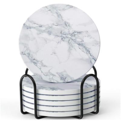 China Sustainable Amazon Custom Design Round Hexagon Water Absorber Ceramic Cup Coaster Holder White Marble Set for sale