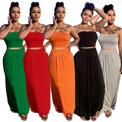 China Anti-wrinkle solid color tube top two piece set top and two piece skirt women set 2021 summer women clothing for sale