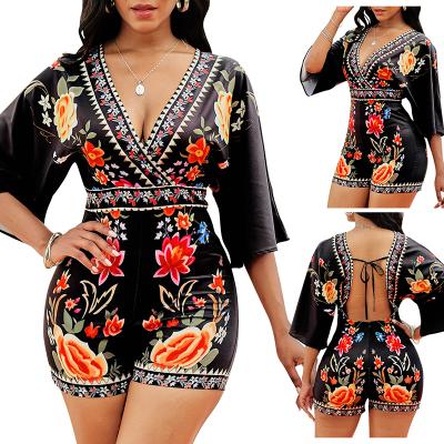 China Anti-Wrinkle Ethnic Print Backless Tender Overalls For Women Short Overalls Womens Black One Piece Overalls for sale