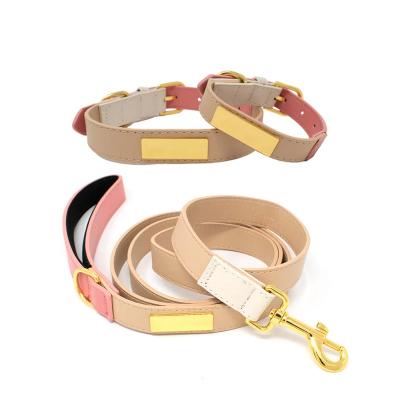 China Factory Wholesale Custom Padded Metal Tag Embossed Logo Durable Soft Leather Pet Dog Collar With Dog Leash for sale