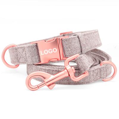 China Quick Release Tweed Fabric Dog Collar Leash With Rose Gold Metal Buckle For Small Medium And Large Dog for sale