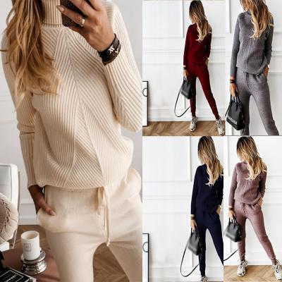 China Anti-pilling High Neck Solid Color Ladies Knitted Sweater Fashion Coat Pants Casual Sweater Suit for sale