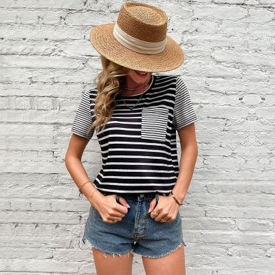 China New 2022 Summer Women's Tops Amazon Anti-wrinkle Black Casual Loose Short Sleeve Striped T-Shirts for sale