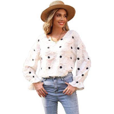 China New Fashion Anti-wrinkle Women's Long Sleeve V-Neck Top Polka Dot White Shirt for sale