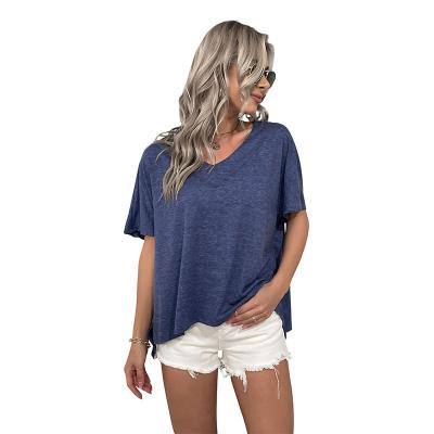 China European and American Summer Solid Color Anti-wrinkle Loose Women's Casual Short-sleeved Blue Top T-shirt for sale