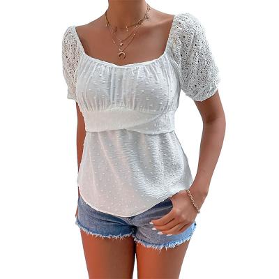 China New Design Anti-wrinkle Lace Patchwork Chiffon Shirt Square Neck Shorts Sheath T-hirt White for sale