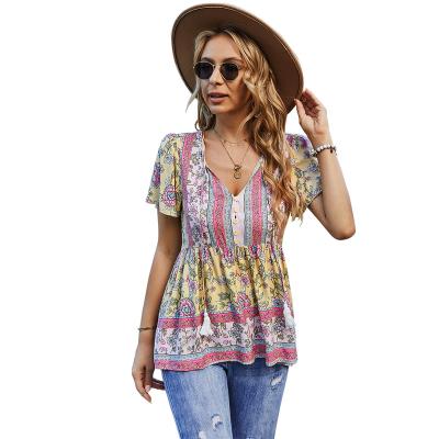 China Anti-wrinkle Fashion Chiffon Fabric Tops Women V-neck Temperament Tee Casual Loose Short Sleeve T-shirt for sale