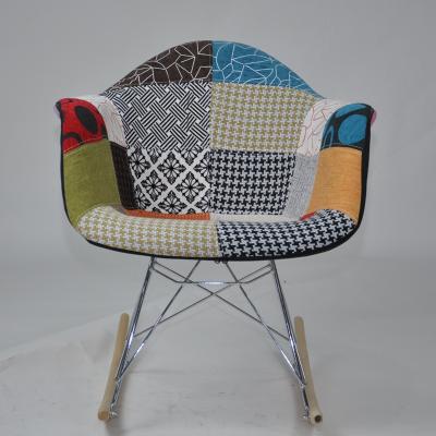 China Modern ROCKING CHAIR Round Style French Adult Living Room Wholesale PP Patchwork Shell Fabric Covered Wooden Leg Rocking Chair for sale