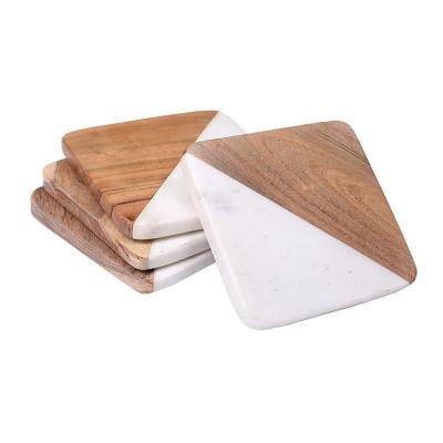 China Sustainable set of 4 Handcrafted wood and marble coasters, white marble and acacia wood coaster for sale