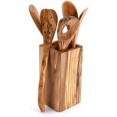 China Olive Wood Sustainable Utensils with Utensil Holder, Sustainable Wood Cookware Set, Kitchen Utensil Holder for sale