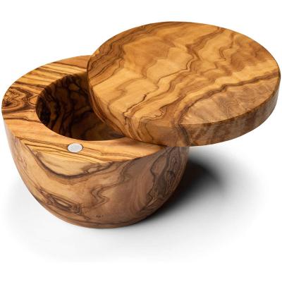 China Olive Wood Salt Box Round Sustainable Wooden Salt Keeper With Swivel Lid , Sustainable Salt Box for sale