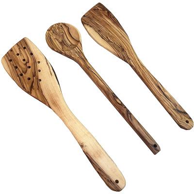 China Olive Wood Spoon spatula, curved and drilled Handcrafted viable (12 inches set from 3 pieces) for sale