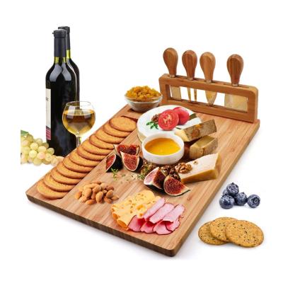 China Sustainable Bamboo Cheese Board Set, Charcuterie Platter and Meat Serving Board Including Stainless Steel 4 Knife, Bamboo Cheese Board for sale