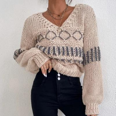 China Anti-wrinkle women winter 2022 fashion knitwear v-neck knitted sweater women sweaters floral print sweaters for sale