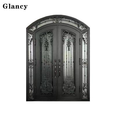 China Modern Exterior Luxury Design Rustic Traditional Style Front Entry Wrought Iron Security Steel Double Door for sale