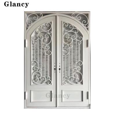 China Modern Antique Exterior Exterior Designs External Title Door Entry Wrought Iron Front Glass Doors for sale