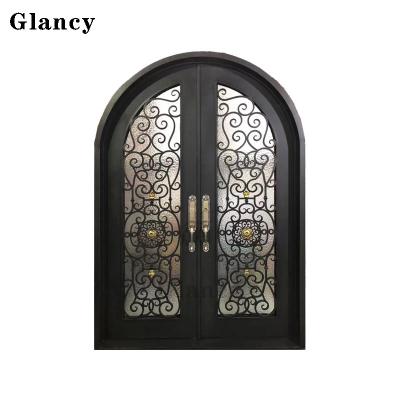 China Frame Modern Entrance Iron Steel Tempered Custom Residential Main Entrance Metal Front Glass For Old House Metal Doors for sale