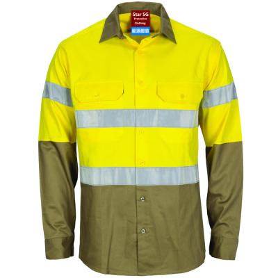 China High Visibility Hot Selling Cotton 100% High Visibility/Reflective Safety Yellow Hi Vis Work Shirt Charcoal Long Sleeve Khaki Construction for sale