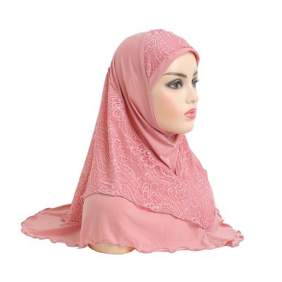 China Size 70*60cm multifunctional high quality medium amira muslim hijab with lace pull on head scarf wrap islamic pray scarves women headwear for sale